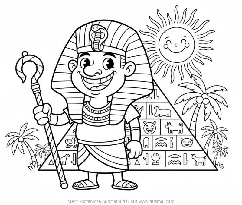 Lustiger Pharao mit Kobra und Pyramide Ausmalbild