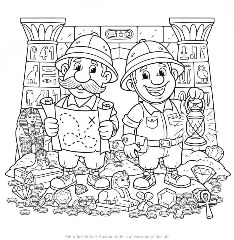 Zwei Abenteurer mit Schatzkarte und Laterne in ägyptischer Grabkammer Ausmalbild