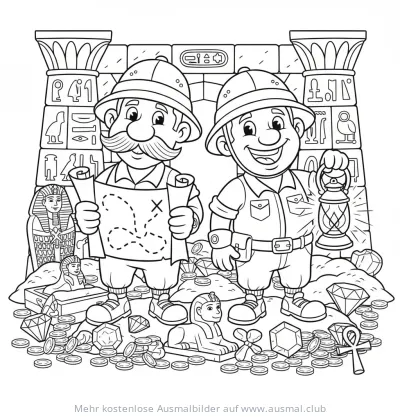 Zwei Abenteurer mit Schatzkarte und Laterne in ägyptischer Grabkammer Ausmalbild