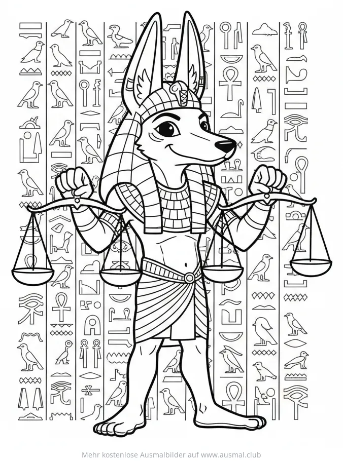 Anubis mit Schakalkopf hält Waage Ausmalbild