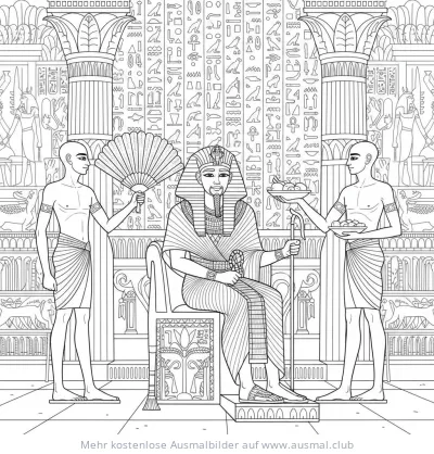 Sitzender Pharao mit Dienern Ausmalbild