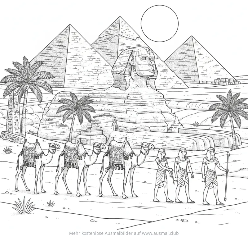 Sphinx, Pyramiden, Kamele und ägyptische Figuren Ausmalbild