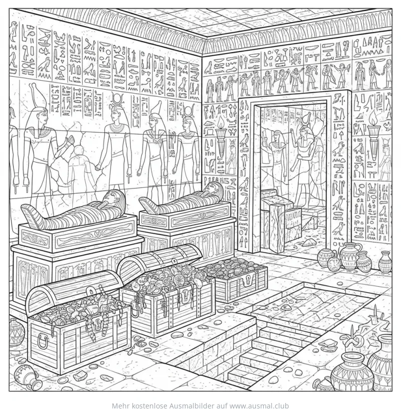 Ägyptische Grabkammer mit Mumien, Schätzen und Hieroglyphen Ausmalbild
