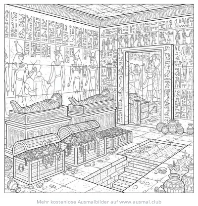 Ägyptische Grabkammer mit Mumien, Schätzen und Hieroglyphen Ausmalbild