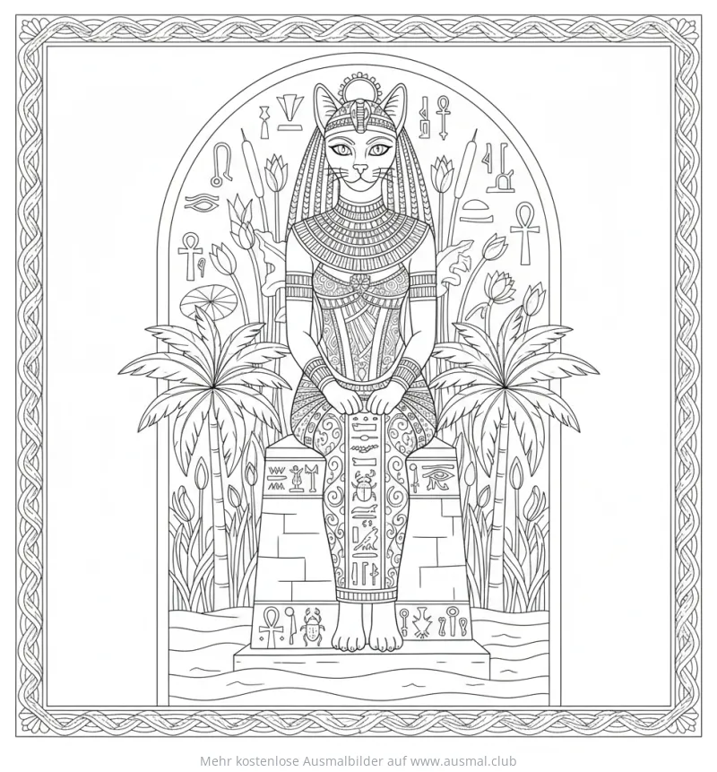 Bastet Göttin mit Katzenkopf auf Thron Ausmalbild