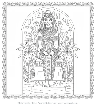 Bastet Göttin mit Katzenkopf auf Thron Ausmalbild
