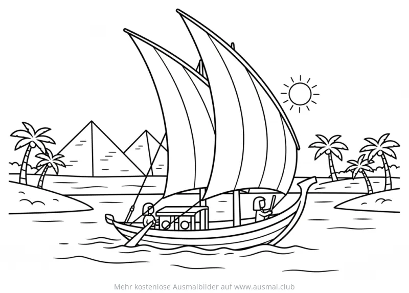 Nil mit Segelboot, Pyramiden und Palmen Ausmalbild