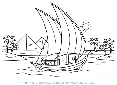 Nil mit Segelboot, Pyramiden und Palmen Ausmalbild