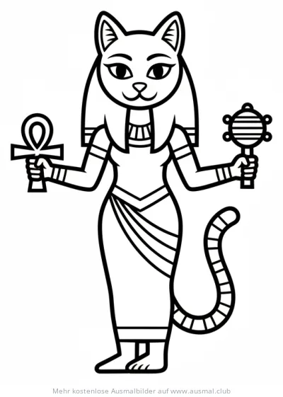 Bastet, die ägyptische Katzengöttin, Ausmalbild