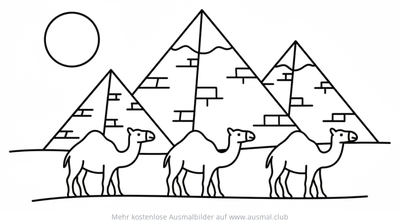 Drei Kamele vor Pyramiden Ausmalbild