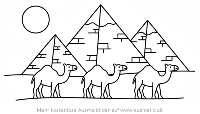 Drei Kamele vor Pyramiden Ausmalbild