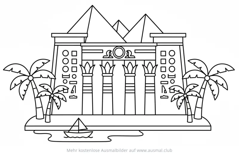 Ägyptischer Tempel mit Pyramiden und Segelboot Ausmalbild