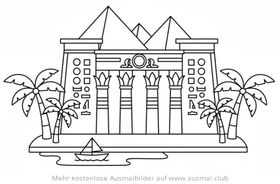 Ägyptischer Tempel mit Pyramiden und Segelboot Ausmalbild