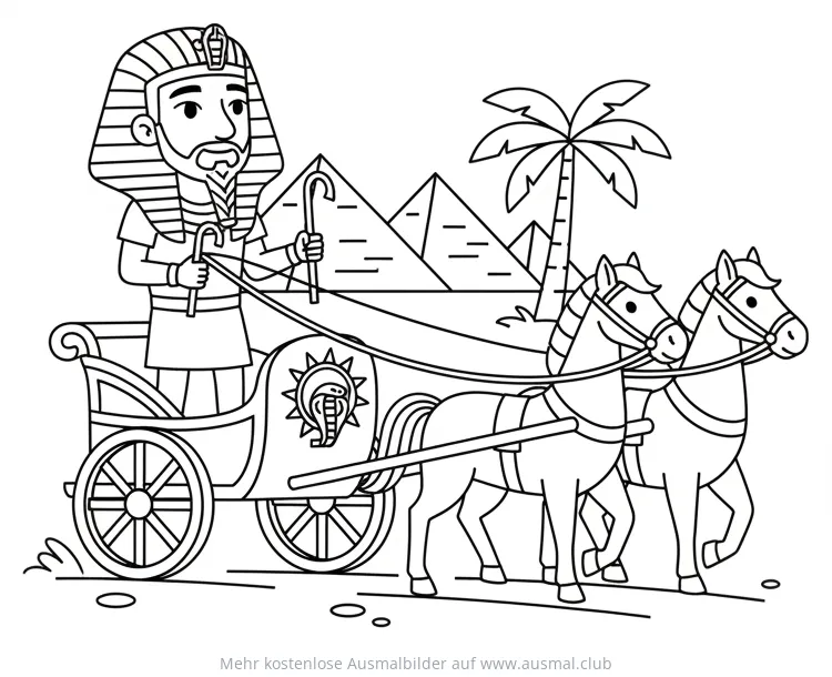 Pharao im Streitwagen Ausmalbild vor Pyramiden