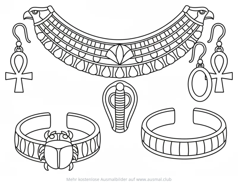 Ägyptischer Schmuck: Halskette, Ohrringe, Ring und Armband Ausmalbild
