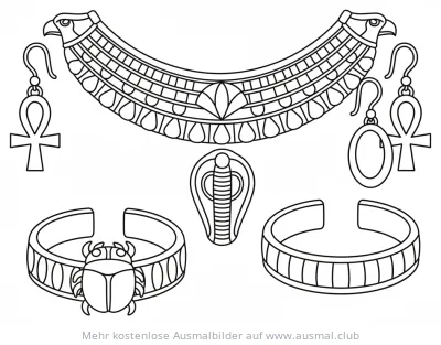 Ägyptischer Schmuck: Halskette, Ohrringe, Ring und Armband Ausmalbild