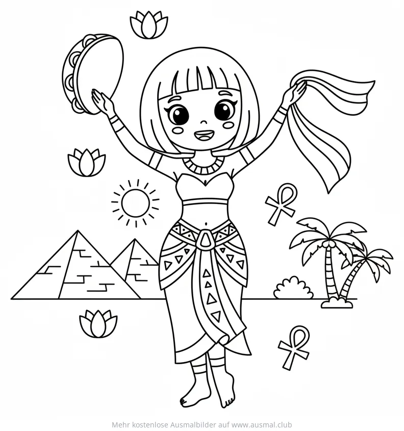 Ägyptische Tänzerin mit Tamburin und Pyramiden Ausmalbild