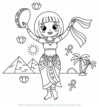 Ägyptische Tänzerin mit Tamburin und Pyramiden Ausmalbild