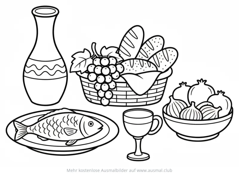 Ägyptisches Essen mit Fisch, Brot und Früchten Ausmalbild
