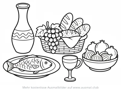 Ägyptisches Essen mit Fisch, Brot und Früchten Ausmalbild