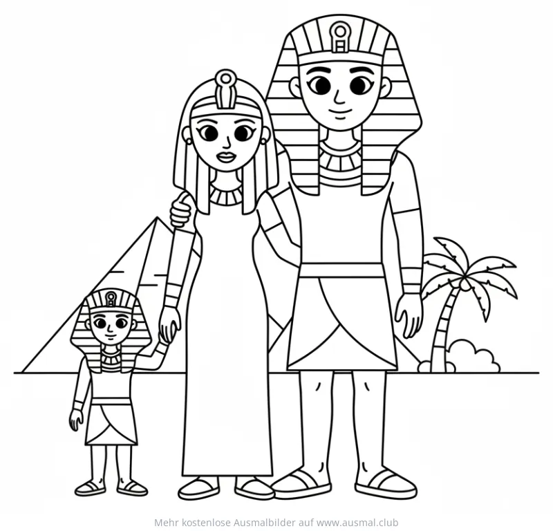 Ägyptische Pharao Familie mit Pyramide und Palme Ausmalbild