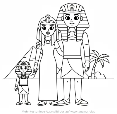 Ägyptische Pharao Familie mit Pyramide und Palme Ausmalbild