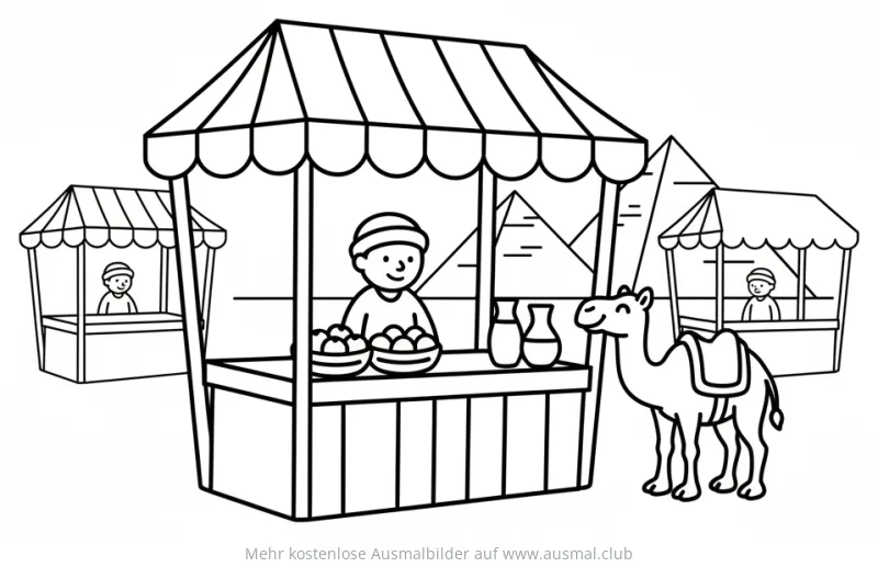 Ägypten: Marktstand mit Händler, Kamel und Pyramiden Ausmalbild