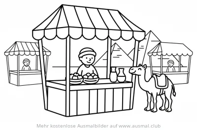 Ägypten: Marktstand mit Händler, Kamel und Pyramiden Ausmalbild