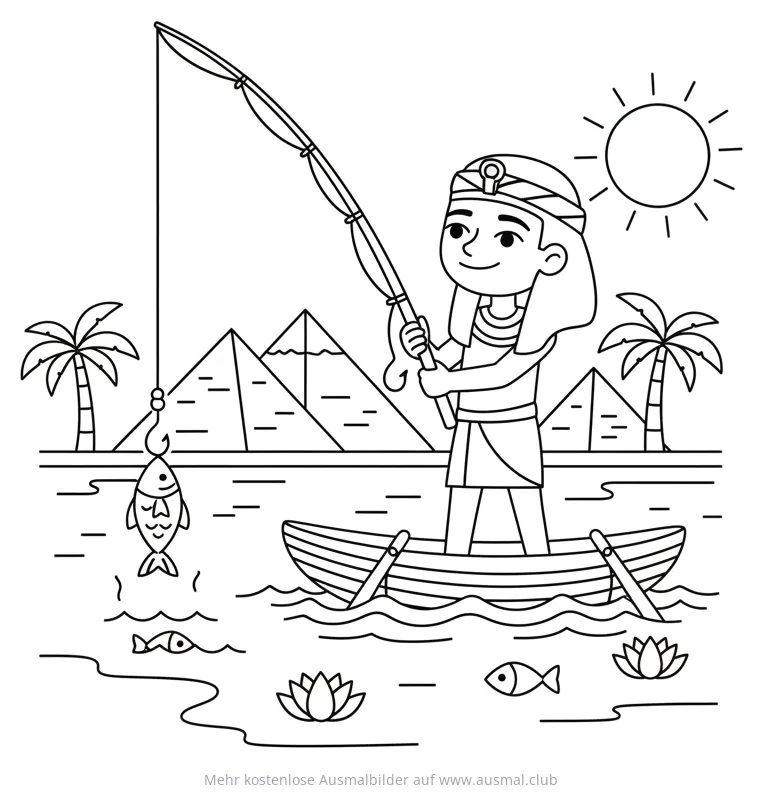 Pharao angelt vom Boot aus, Pyramiden im Hintergrund Ausmalbild