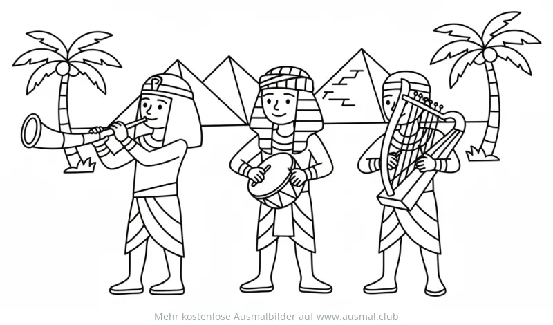 Ägyptische Musiker mit Trompete, Trommel und Harfe vor Pyramiden Ausmalbild