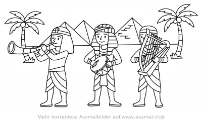 Ägyptische Musiker mit Trompete, Trommel und Harfe vor Pyramiden Ausmalbild
