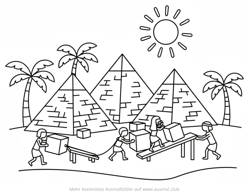 Pyramidenbau Ausmalbild mit Arbeitern, Pyramiden und Palmen