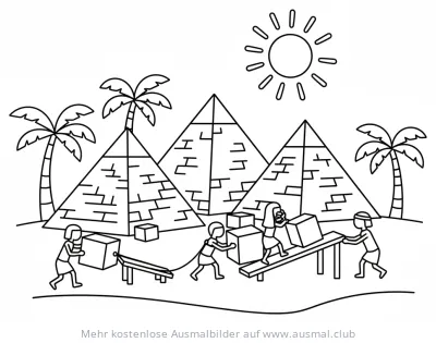 Pyramidenbau Ausmalbild mit Arbeitern, Pyramiden und Palmen