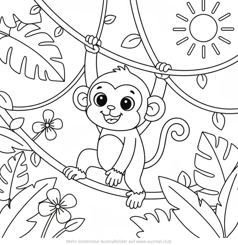 Affe schwingt an Lianen Ausmalbild im Dschungel