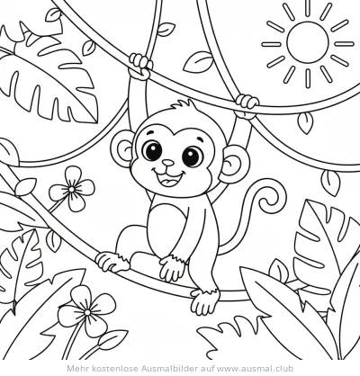 Affe schwingt an Lianen Ausmalbild im Dschungel