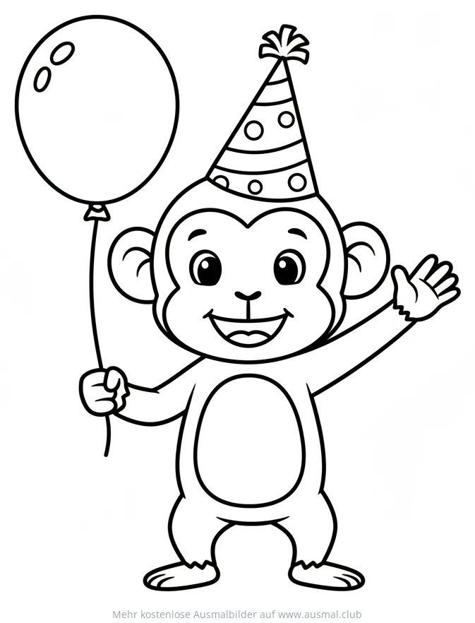 Affe mit Partyhut und Luftballon Ausmalbild