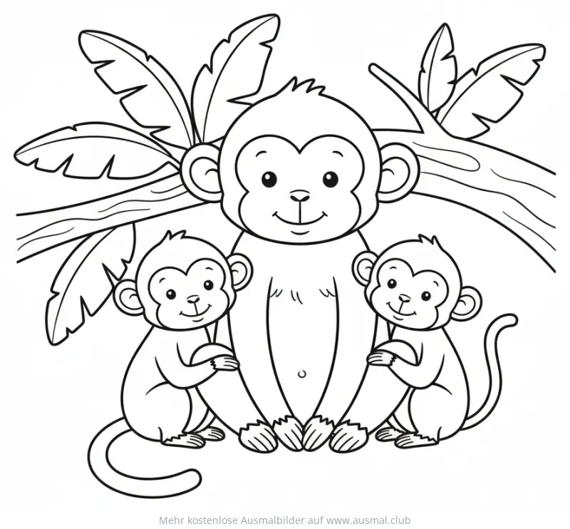 Affenfamilie mit großem Affen und zwei kleinen Äffchen Ausmalbild