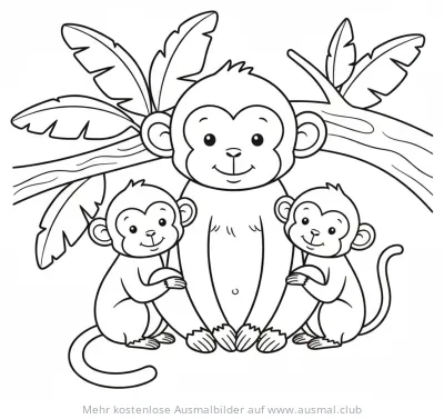 Affenfamilie mit großem Affen und zwei kleinen Äffchen Ausmalbild