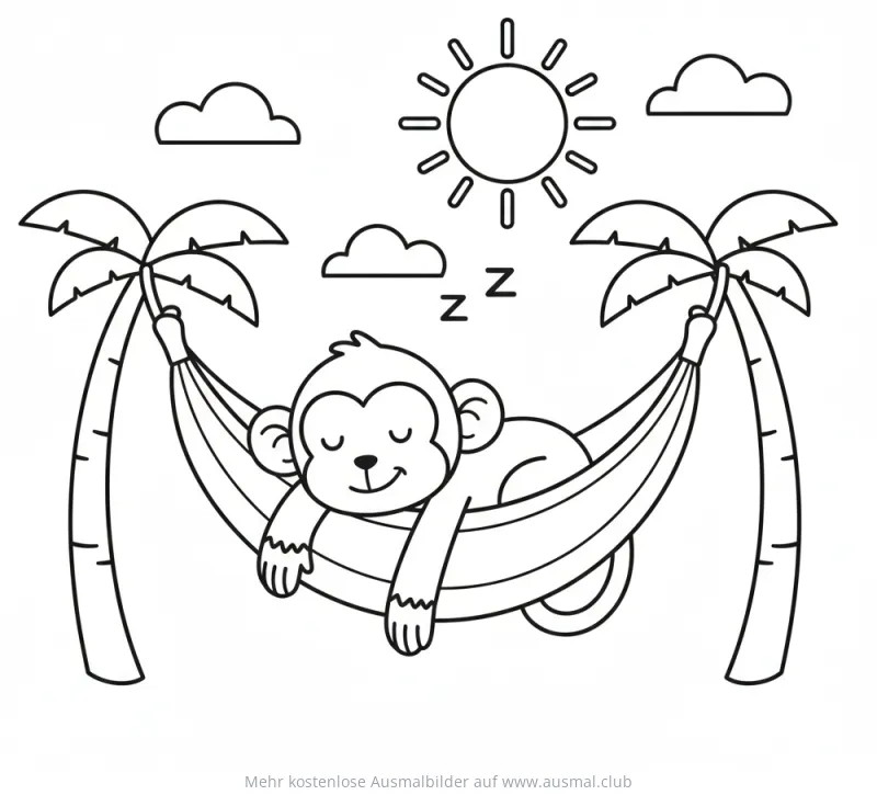 Affe schläft in Hängematte zwischen Palmen Ausmalbild