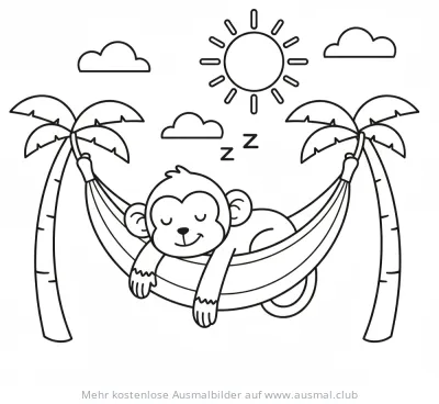 Affe schläft in Hängematte zwischen Palmen Ausmalbild