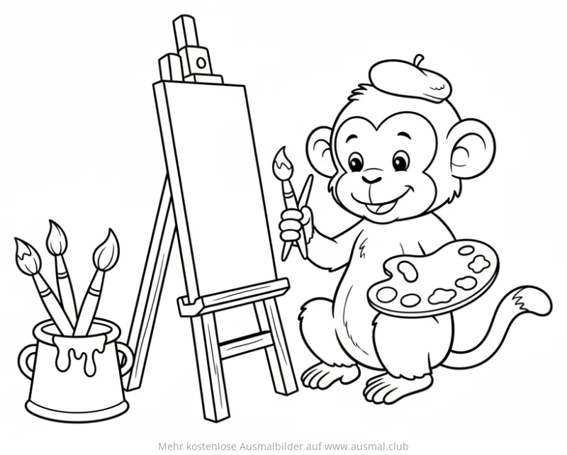 Affe mit Farbpalette und Pinsel vor Staffelei Ausmalbild