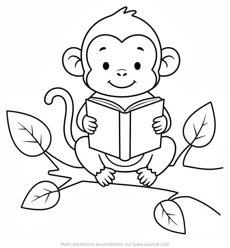 Affe liest Buch auf Ast Ausmalbild