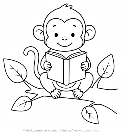 Affe liest Buch auf Ast Ausmalbild