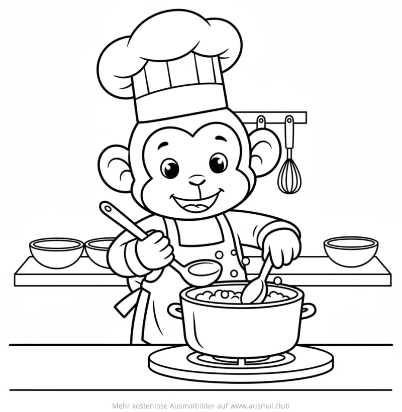 Affe als Koch rührt in Topf Ausmalbild