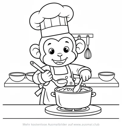 Affe als Koch rührt in Topf Ausmalbild