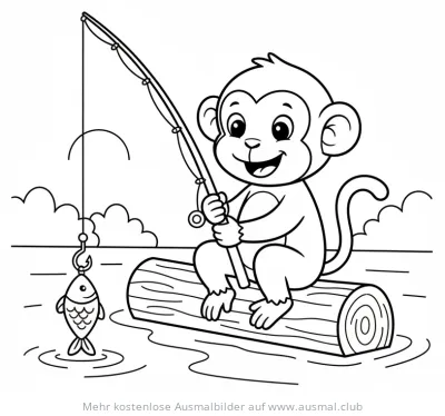 Affe sitzt auf Baumstamm und angelt Ausmalbild