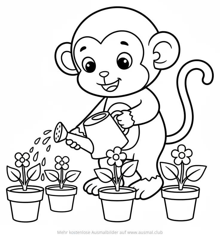 Affe gießt Blumen mit Gießkanne Ausmalbild
