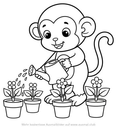 Affe gießt Blumen mit Gießkanne Ausmalbild