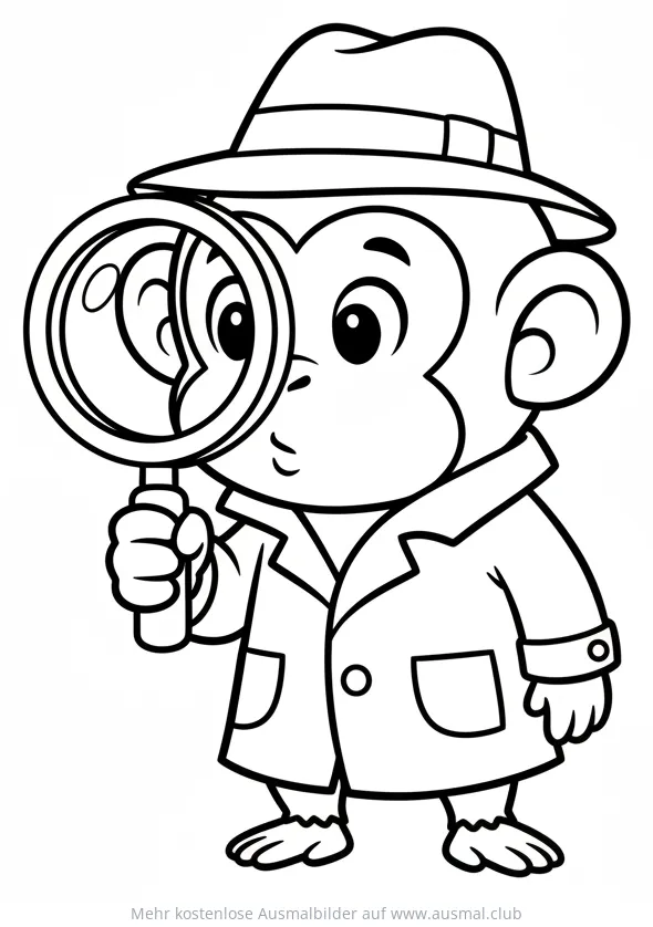 Affe im Detektiv-Look mit Lupe Ausmalbild