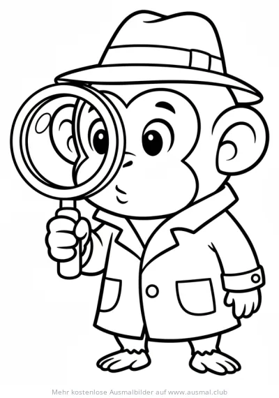 Affe im Detektiv-Look mit Lupe Ausmalbild
